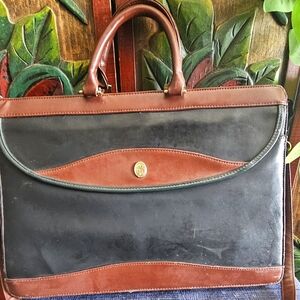 Vintage 1970s Brown Black Leather Briefcase Craftmanship Some Wear Gold Shield